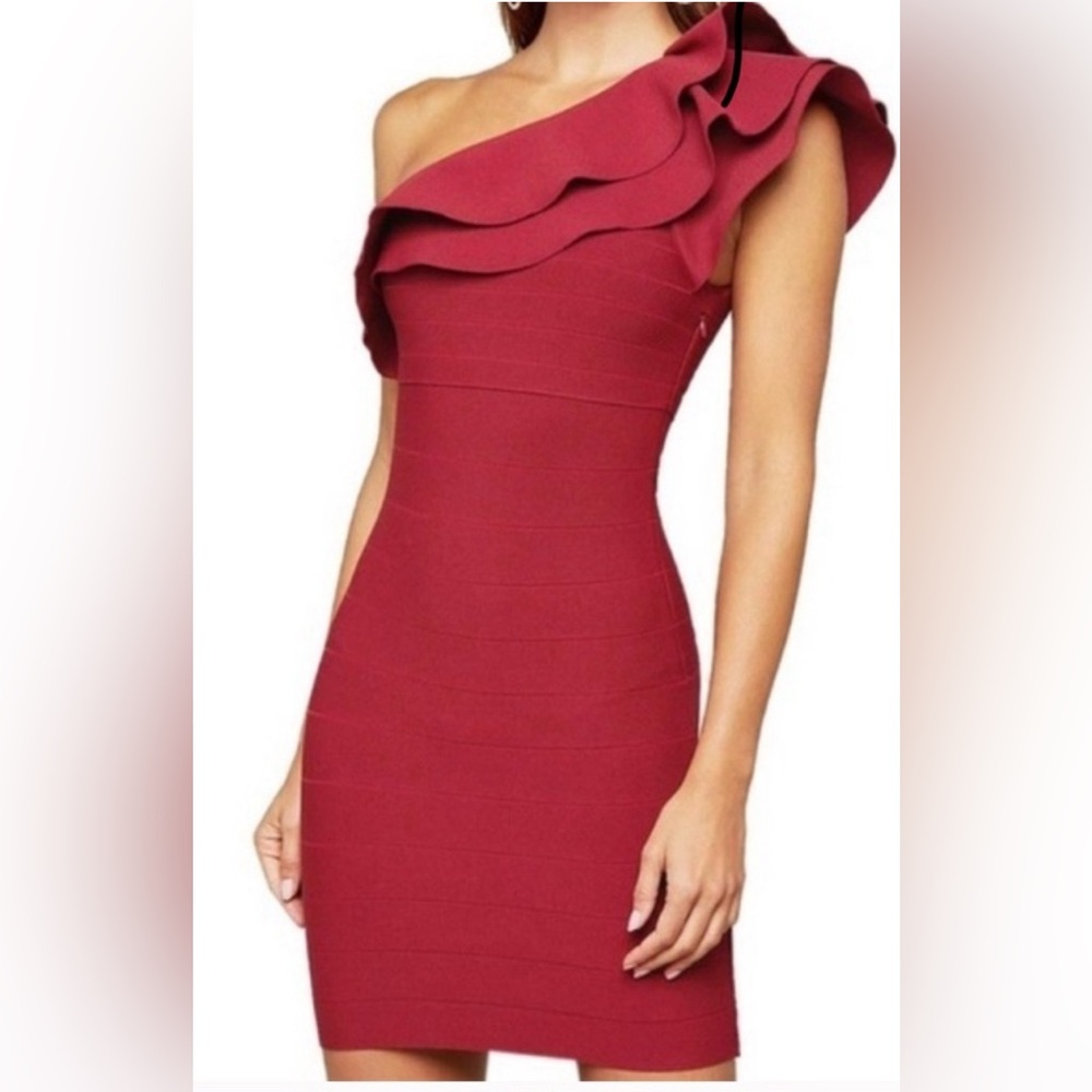 Bebe One Shoulder Ruffle Bandage Dress XS